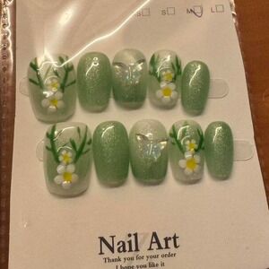 Green Floral Butterfly Press On Nails Full Set‎ Nail Art Fake Nails